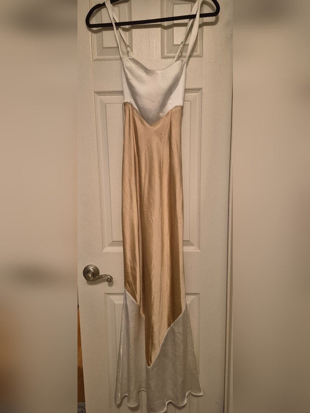 Two-Tone Satin Maxi Slip Dress in Ivory and Champagne